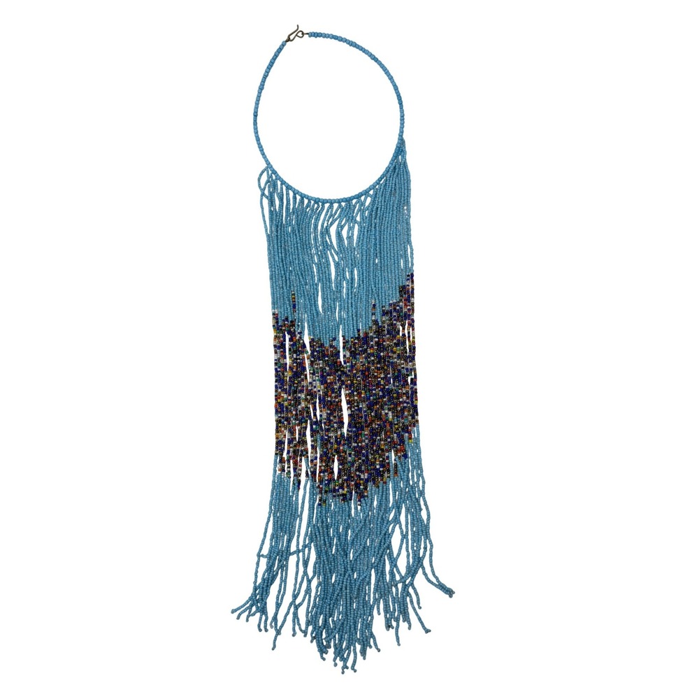 Blue Seed Bead Fringe Statement‎ Necklace Multicolor Mosaic Boho Waterfall 20in